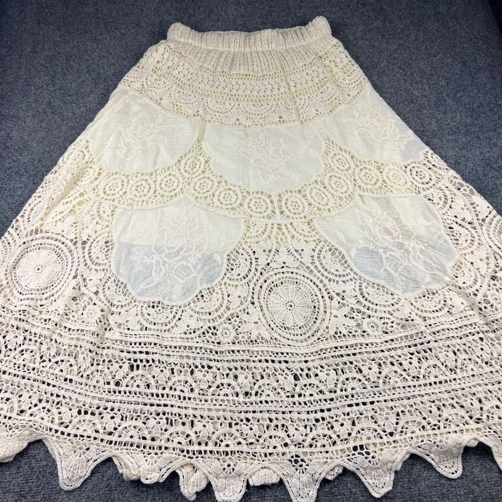Boho Cream Crochet Lace Embroidered Maxi Skirt Elastic Waist Cream Medium